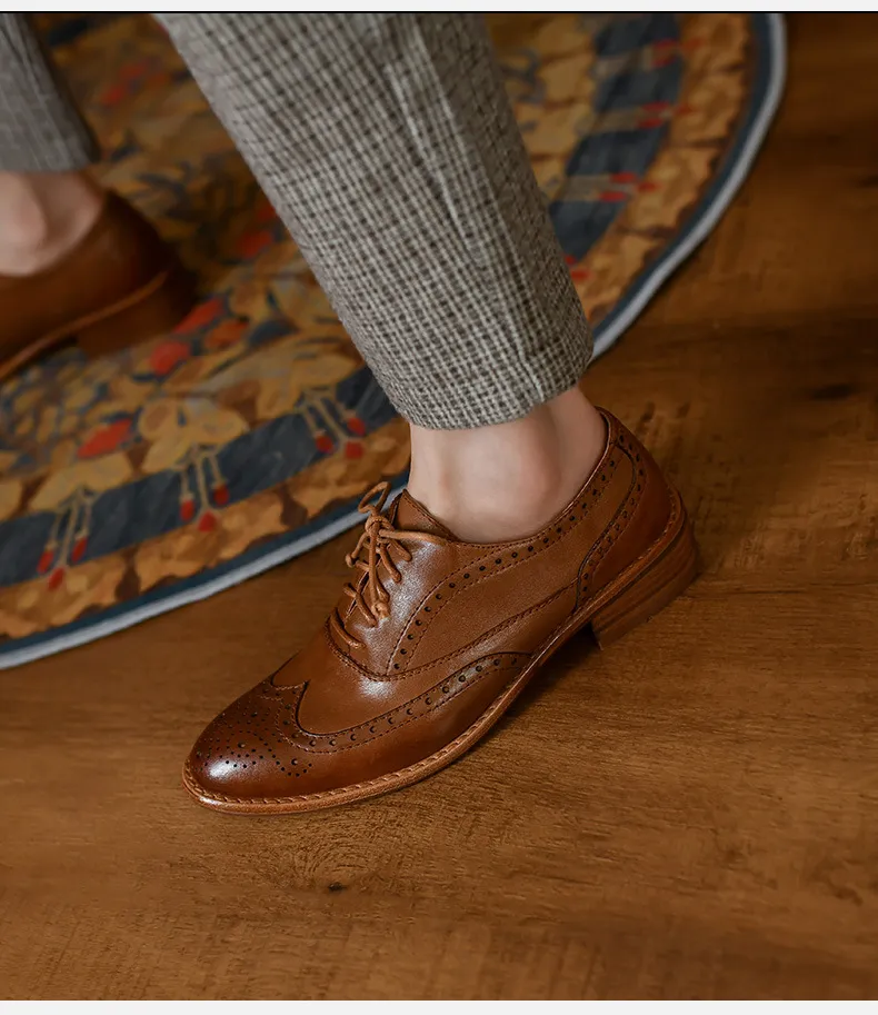 Top-grain cowhide vintage brogue British style women's shoes, spring and autumn mid-heel genuine leather lace-up single shoes