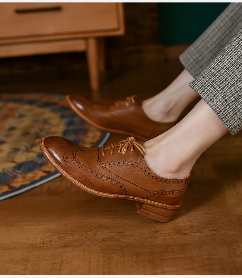 Top-grain cowhide vintage brogue British style women's shoes, spring and autumn mid-heel genuine leather lace-up single shoes