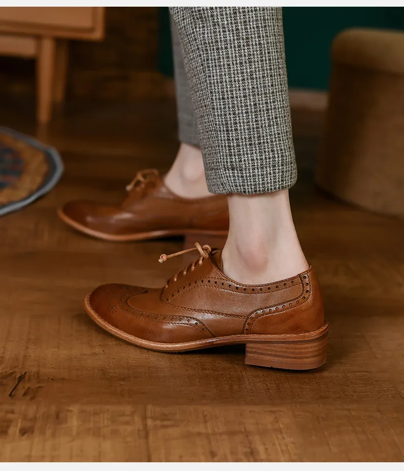 Top-grain cowhide vintage brogue British style women's shoes, spring and autumn mid-heel genuine leather lace-up single shoes