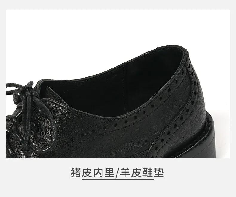 Top-grain cowhide vintage brogue British style women's shoes, spring and autumn mid-heel genuine leather lace-up single shoes