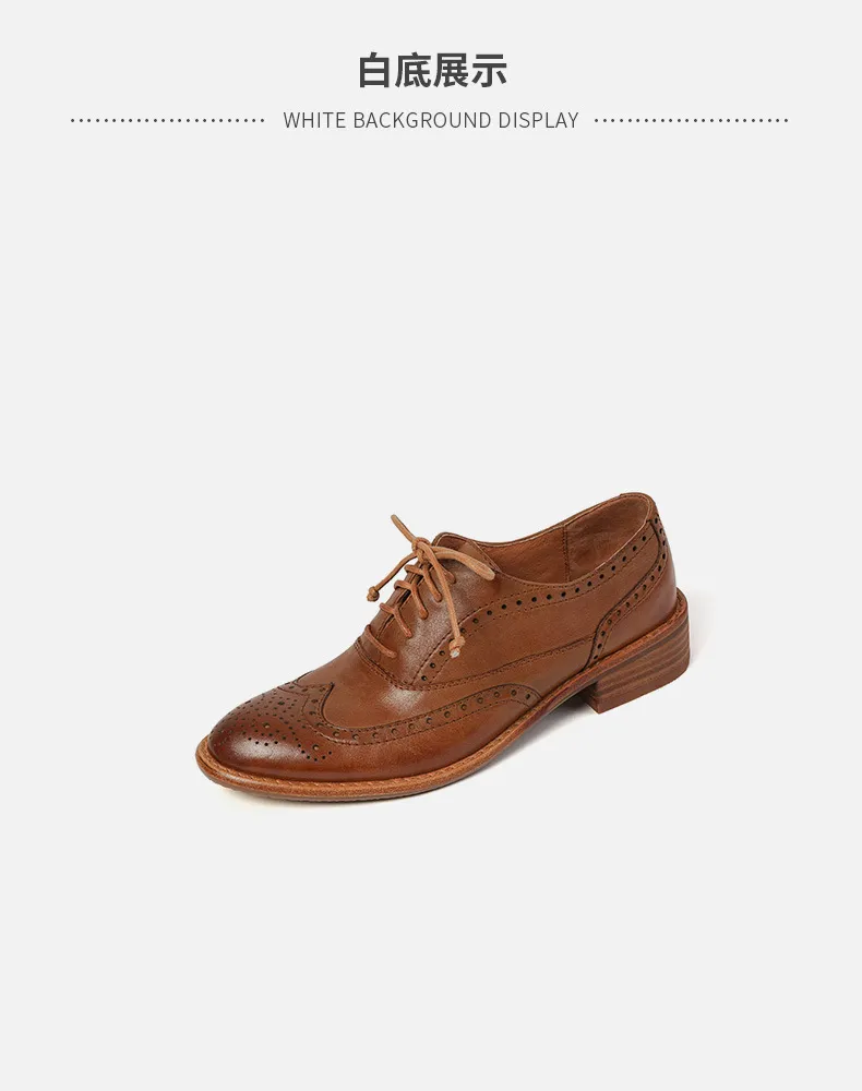 Top-grain cowhide vintage brogue British style women's shoes, spring and autumn mid-heel genuine leather lace-up single shoes
