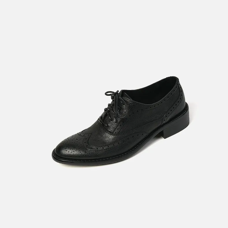 Top-grain cowhide vintage brogue British style women's shoes, spring and autumn mid-heel genuine leather lace-up single shoes