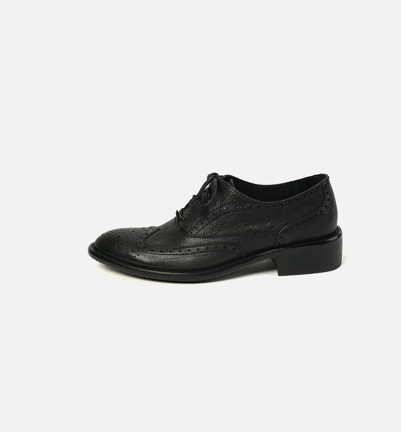 Top-grain cowhide vintage brogue British style women's shoes, spring and autumn mid-heel genuine leather lace-up single shoes