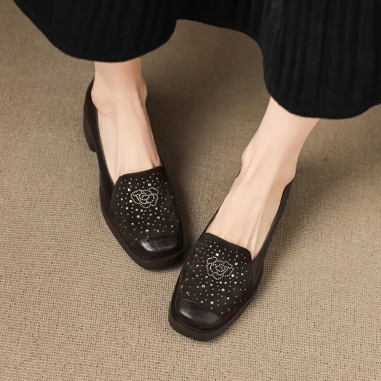 Autumn square-toe deep-cut single shoes with chunky heels and rhinestones, fashion women's shoes, brown and black.