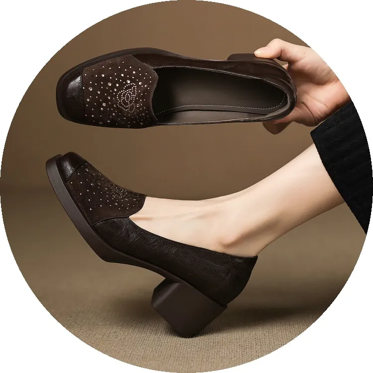 Autumn square-toe deep-cut single shoes with chunky heels and rhinestones, fashion women's shoes, brown and black.