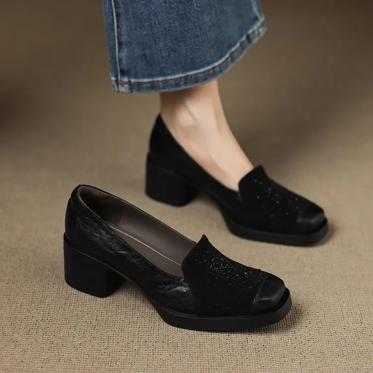 Autumn square-toe deep-cut single shoes with chunky heels and rhinestones, fashion women's shoes, brown and black.