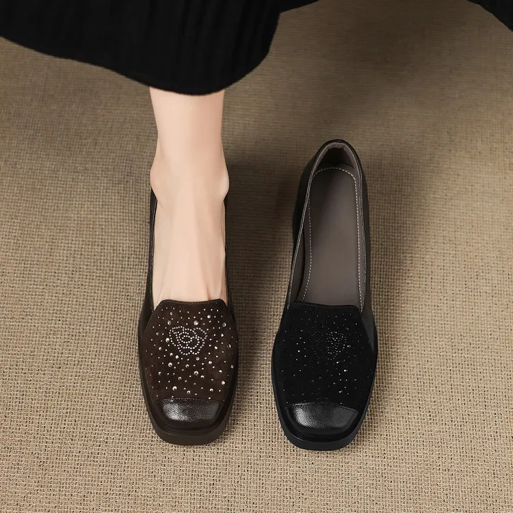 Autumn square-toe deep-cut single shoes with chunky heels and rhinestones, fashion women's shoes, brown and black.