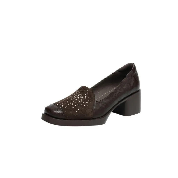 Autumn square-toe deep-cut single shoes with chunky heels and rhinestones, fashion women's shoes, brown and black.