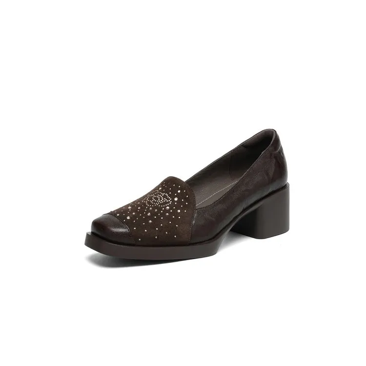Autumn square-toe deep-cut single shoes with chunky heels and rhinestones, fashion women's shoes, brown and black.