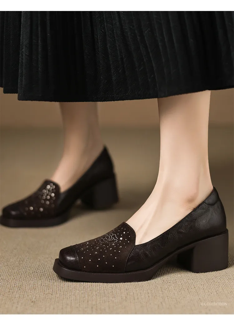 Autumn square-toe deep-cut single shoes with chunky heels and rhinestones, fashion women's shoes, brown and black.