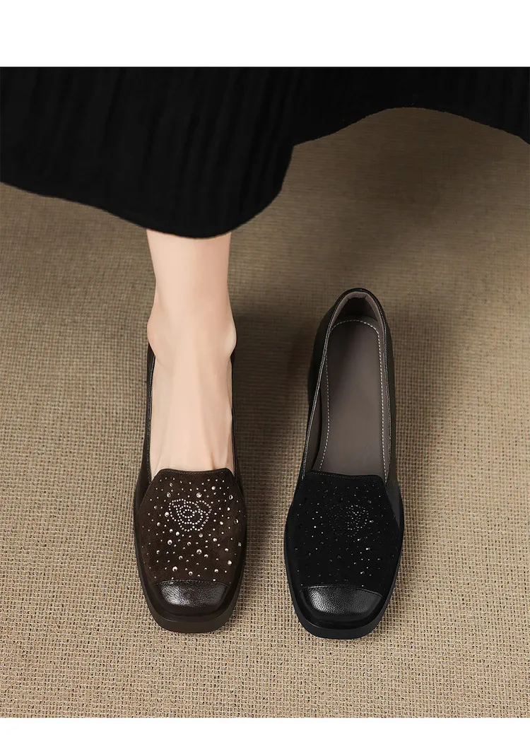 Autumn square-toe deep-cut single shoes with chunky heels and rhinestones, fashion women's shoes, brown and black.