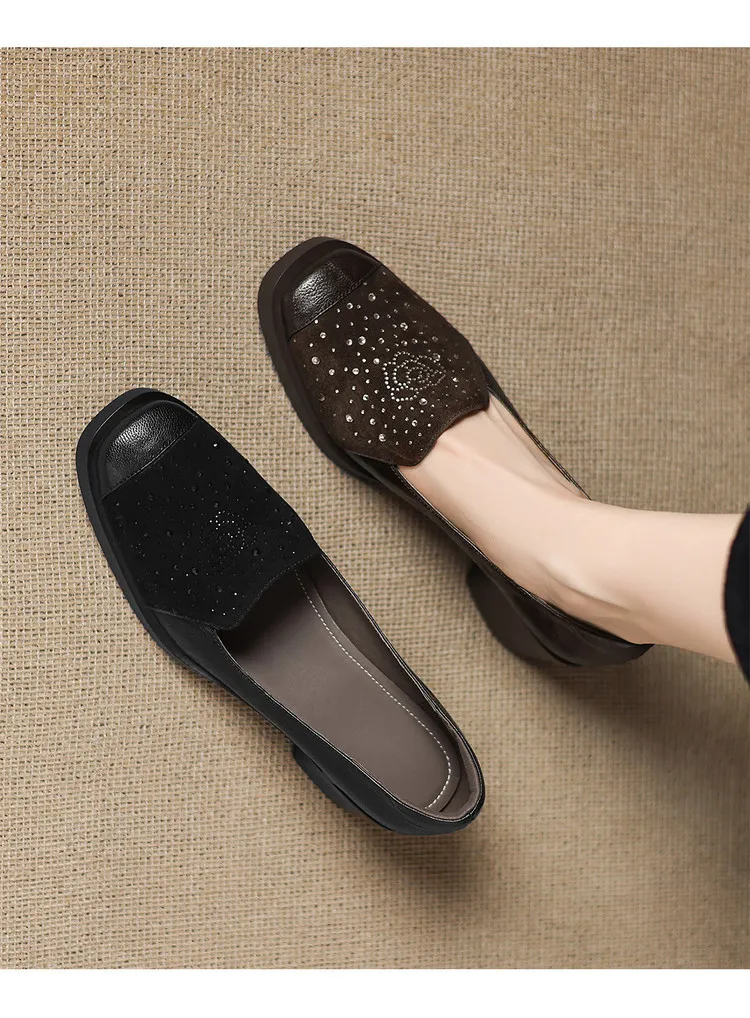 Autumn square-toe deep-cut single shoes with chunky heels and rhinestones, fashion women's shoes, brown and black.