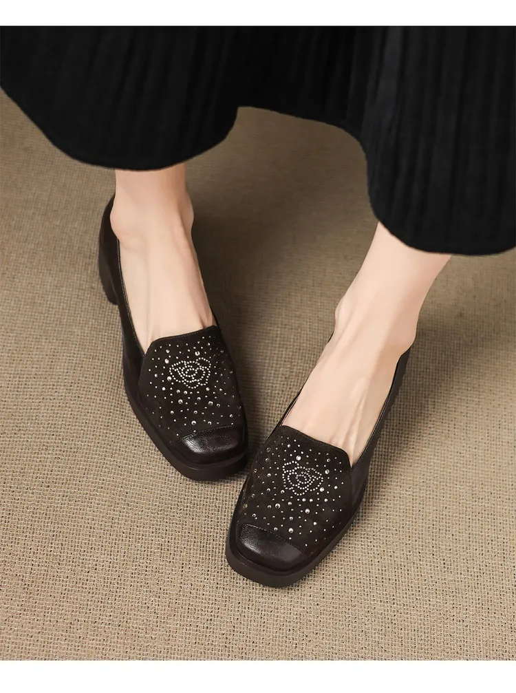 Autumn square-toe deep-cut single shoes with chunky heels and rhinestones, fashion women's shoes, brown and black.