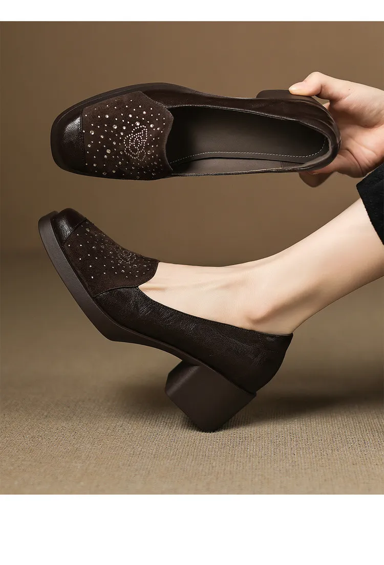 Autumn square-toe deep-cut single shoes with chunky heels and rhinestones, fashion women's shoes, brown and black.