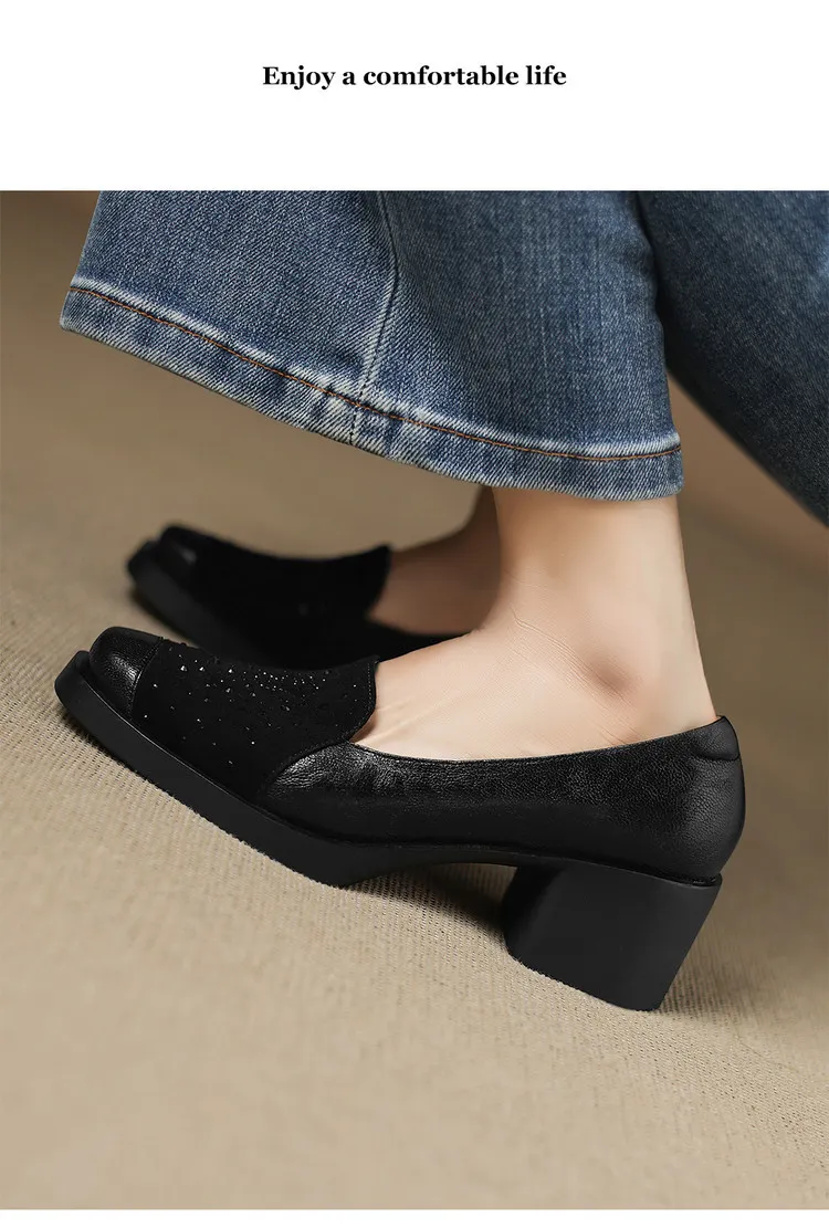 Autumn square-toe deep-cut single shoes with chunky heels and rhinestones, fashion women's shoes, brown and black.