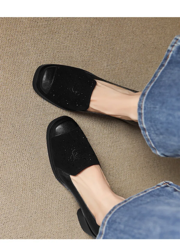 Autumn square-toe deep-cut single shoes with chunky heels and rhinestones, fashion women's shoes, brown and black.