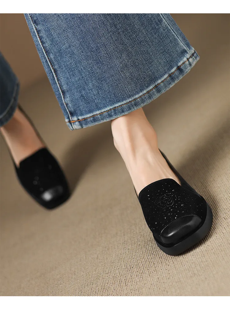 Autumn square-toe deep-cut single shoes with chunky heels and rhinestones, fashion women's shoes, brown and black.