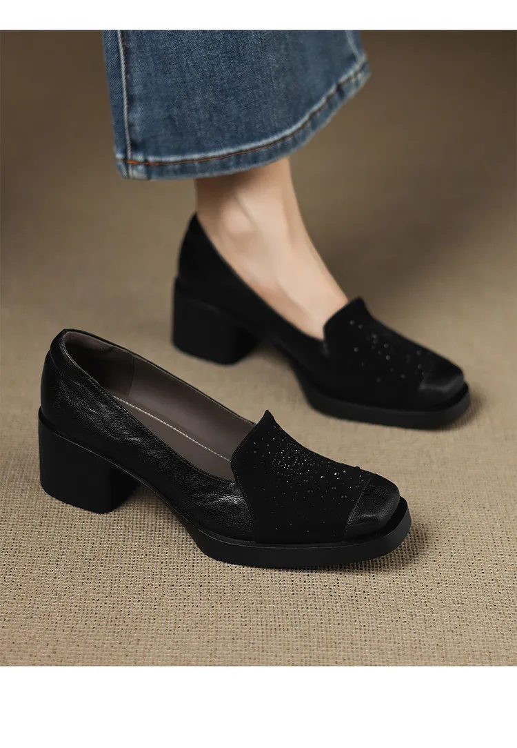 Autumn square-toe deep-cut single shoes with chunky heels and rhinestones, fashion women's shoes, brown and black.