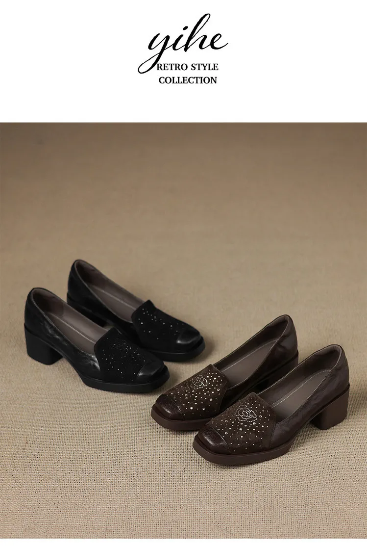 Autumn square-toe deep-cut single shoes with chunky heels and rhinestones, fashion women's shoes, brown and black.