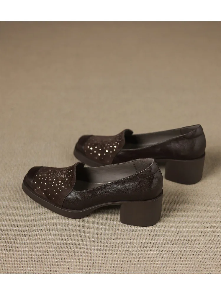 Autumn square-toe deep-cut single shoes with chunky heels and rhinestones, fashion women's shoes, brown and black.