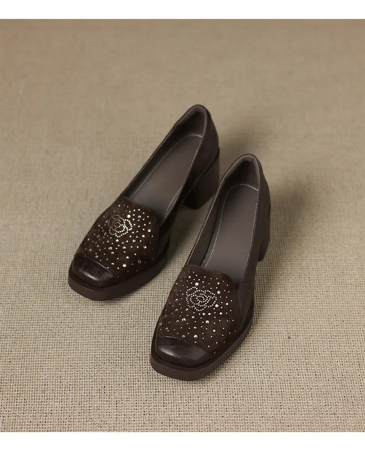 Autumn square-toe deep-cut single shoes with chunky heels and rhinestones, fashion women's shoes, brown and black.