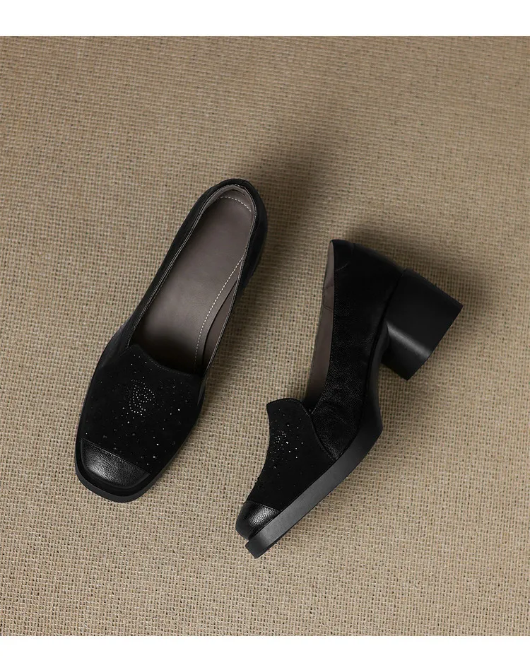 Autumn square-toe deep-cut single shoes with chunky heels and rhinestones, fashion women's shoes, brown and black.