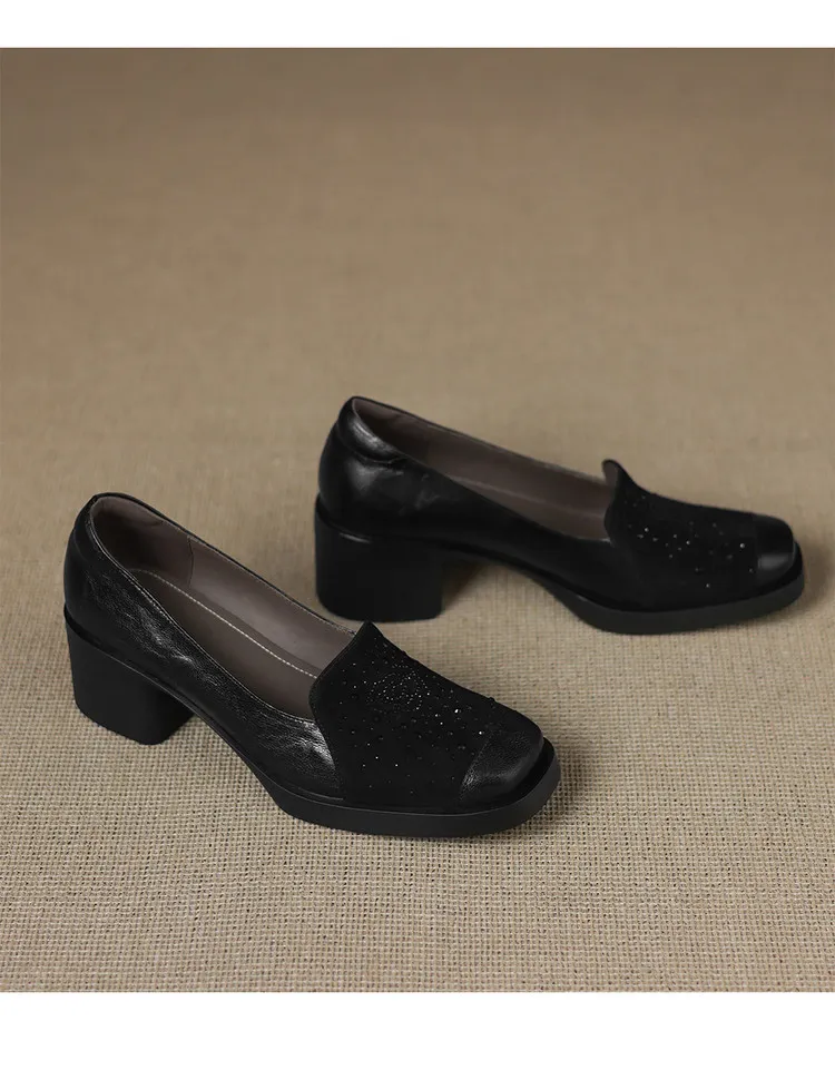 Autumn square-toe deep-cut single shoes with chunky heels and rhinestones, fashion women's shoes, brown and black.