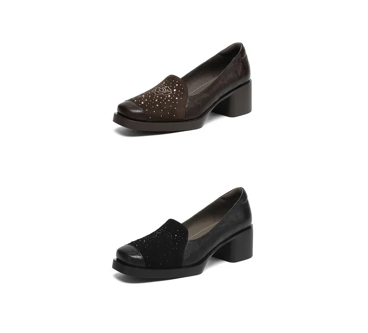 Autumn square-toe deep-cut single shoes with chunky heels and rhinestones, fashion women's shoes, brown and black.