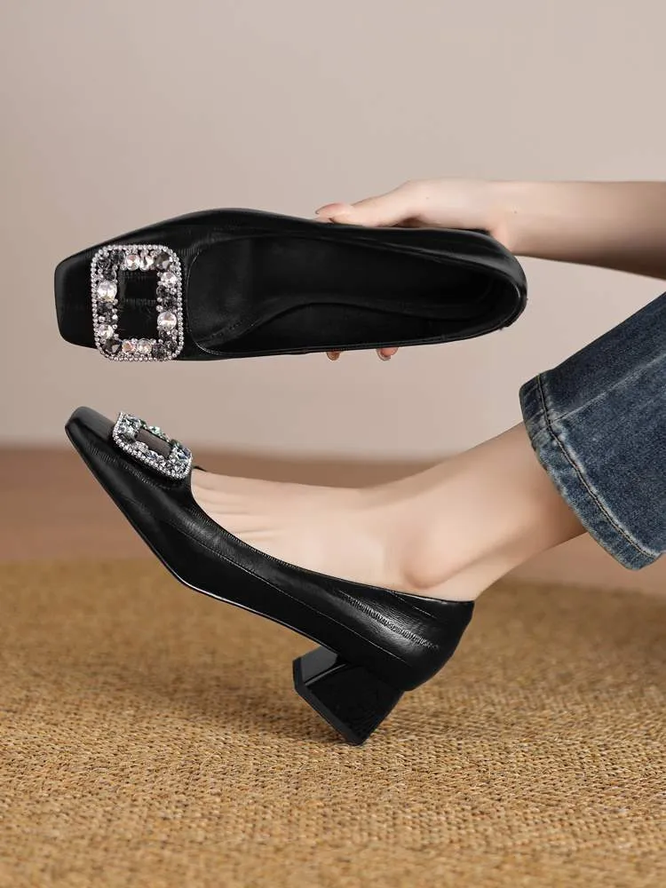 Genuine leather plus size women's mid-heel fashion shoes, cowhide stylish low-cut shoes, versatile boat shoes