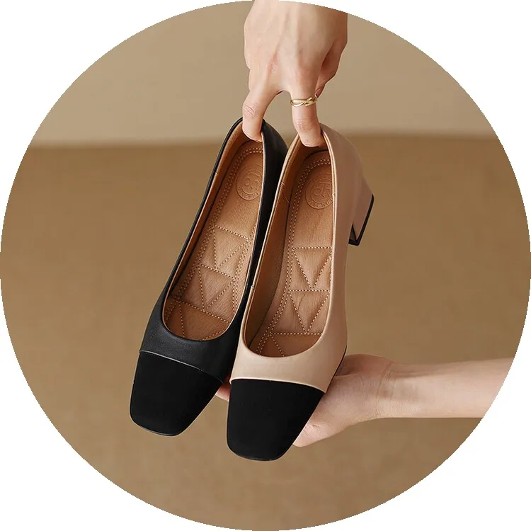 Spring and Autumn Color Block Sheepskin Elegant Commuting Chunky Heel Low-Cut Women's Shoes Fashionable Korean Style High-Quality Chunky Heel Single Shoes
