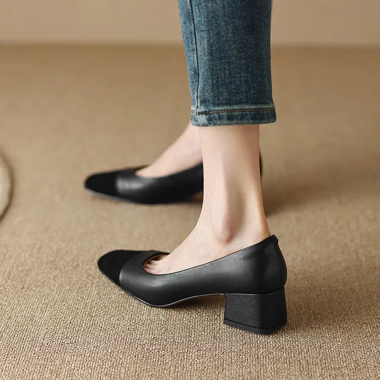 Spring and Autumn Color Block Sheepskin Elegant Commuting Chunky Heel Low-Cut Women's Shoes Fashionable Korean Style High-Quality Chunky Heel Single Shoes