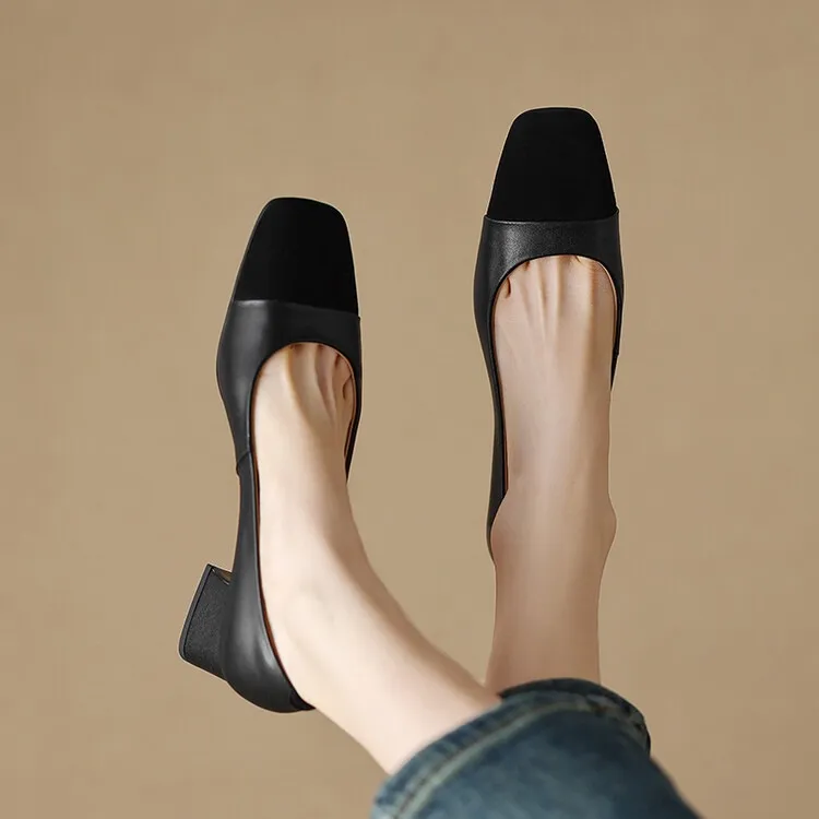 Spring and Autumn Color Block Sheepskin Elegant Commuting Chunky Heel Low-Cut Women's Shoes Fashionable Korean Style High-Quality Chunky Heel Single Shoes