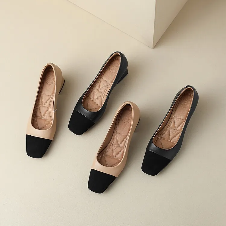 Spring and Autumn Color Block Sheepskin Elegant Commuting Chunky Heel Low-Cut Women's Shoes Fashionable Korean Style High-Quality Chunky Heel Single Shoes