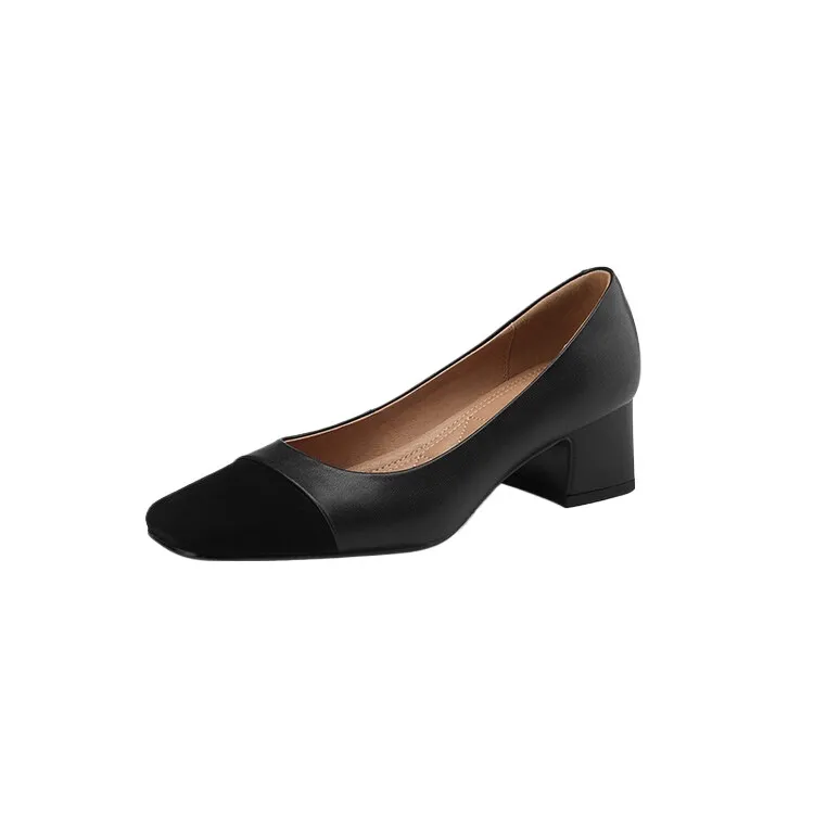 Spring and Autumn Color Block Sheepskin Elegant Commuting Chunky Heel Low-Cut Women's Shoes Fashionable Korean Style High-Quality Chunky Heel Single Shoes