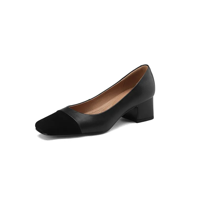 Spring and Autumn Color Block Sheepskin Elegant Commuting Chunky Heel Low-Cut Women's Shoes Fashionable Korean Style High-Quality Chunky Heel Single Shoes
