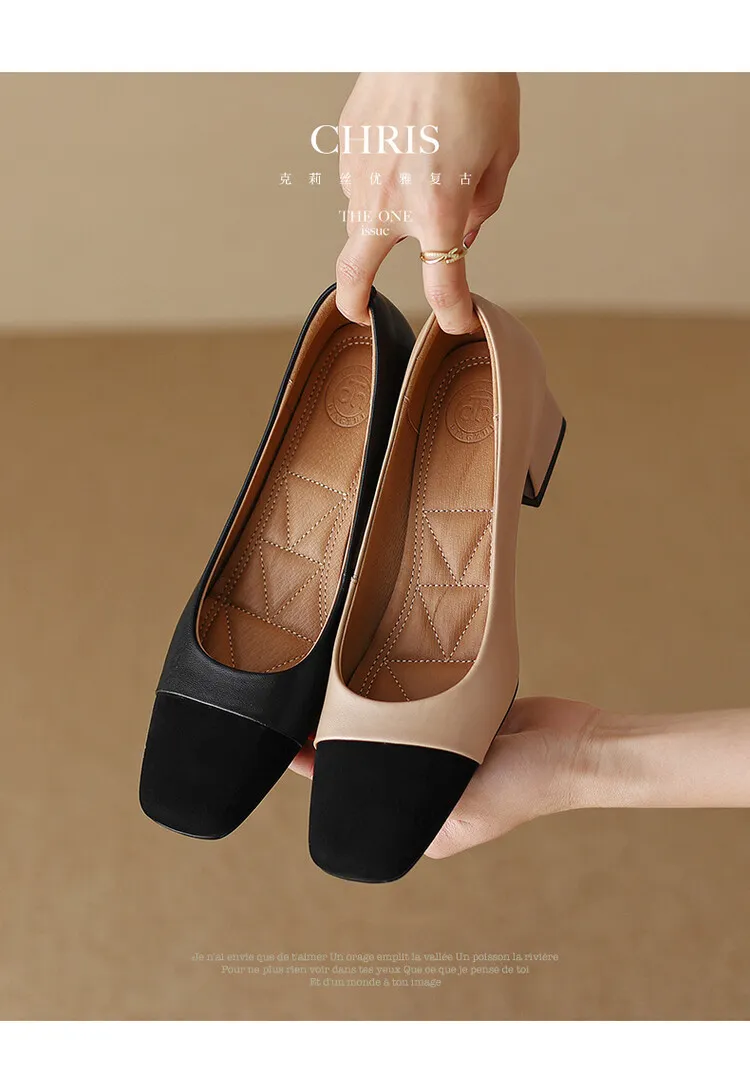 Spring and Autumn Color Block Sheepskin Elegant Commuting Chunky Heel Low-Cut Women's Shoes Fashionable Korean Style High-Quality Chunky Heel Single Shoes