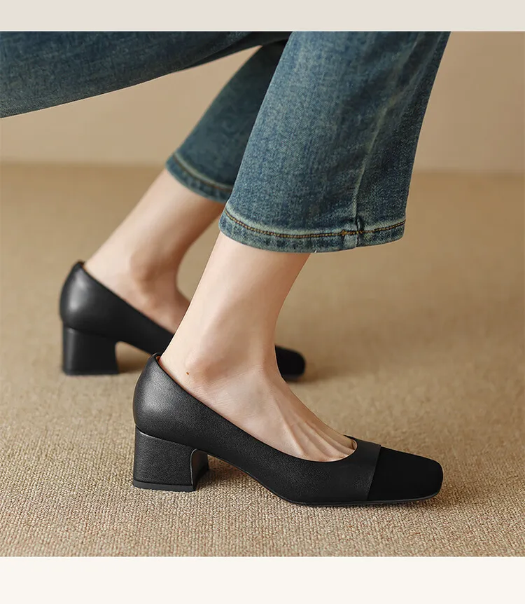 Spring and Autumn Color Block Sheepskin Elegant Commuting Chunky Heel Low-Cut Women's Shoes Fashionable Korean Style High-Quality Chunky Heel Single Shoes