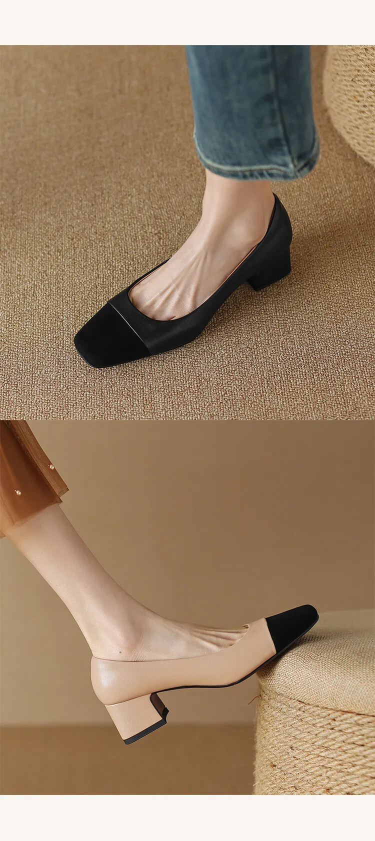Spring and Autumn Color Block Sheepskin Elegant Commuting Chunky Heel Low-Cut Women's Shoes Fashionable Korean Style High-Quality Chunky Heel Single Shoes