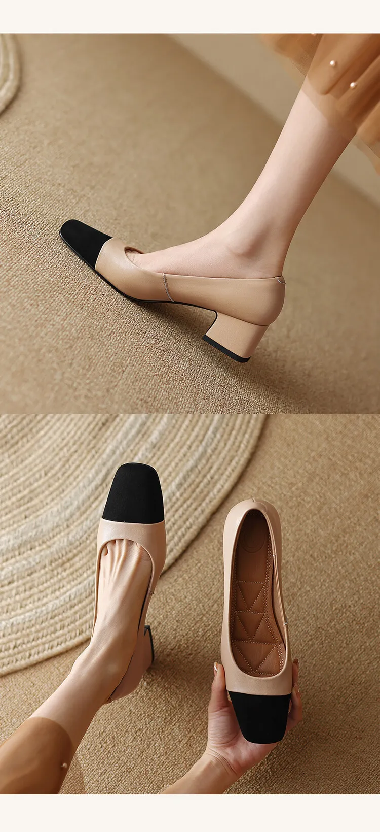 Spring and Autumn Color Block Sheepskin Elegant Commuting Chunky Heel Low-Cut Women's Shoes Fashionable Korean Style High-Quality Chunky Heel Single Shoes