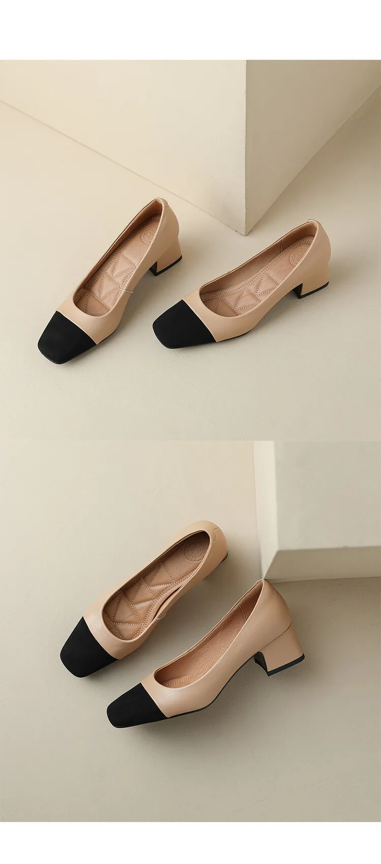 Spring and Autumn Color Block Sheepskin Elegant Commuting Chunky Heel Low-Cut Women's Shoes Fashionable Korean Style High-Quality Chunky Heel Single Shoes