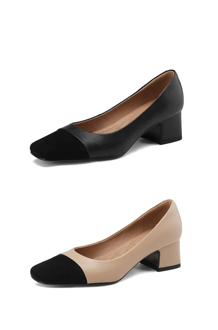 Spring and Autumn Color Block Sheepskin Elegant Commuting Chunky Heel Low-Cut Women's Shoes Fashionable Korean Style High-Quality Chunky Heel Single Shoes