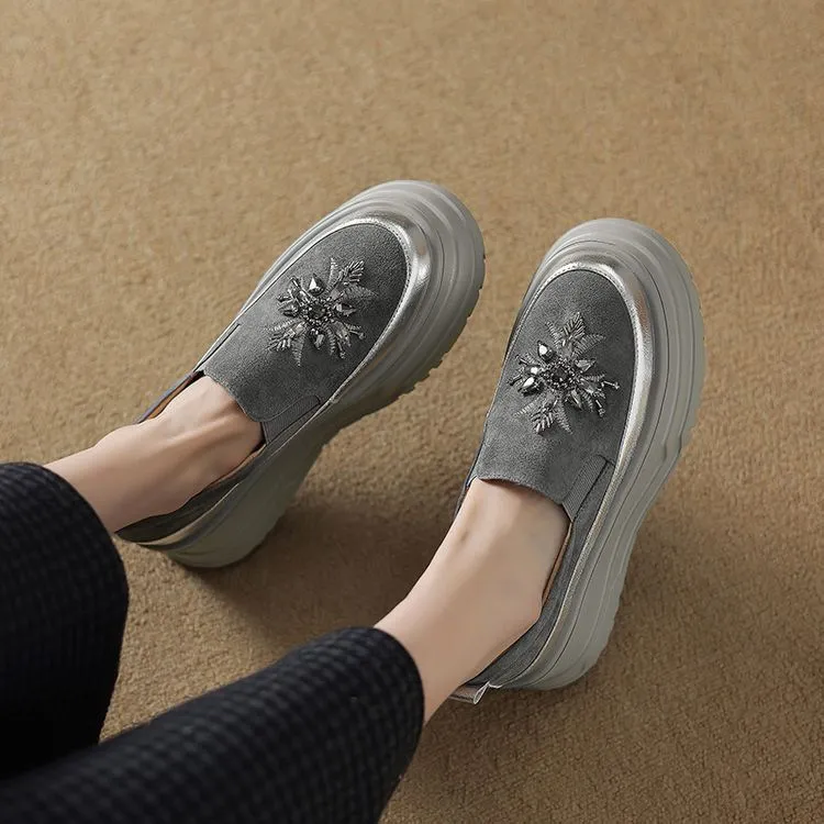 Spring Beaded Platform Loafers Women's Genuine Leather Shoes, British Style, High Heels, Slip-on Shoes