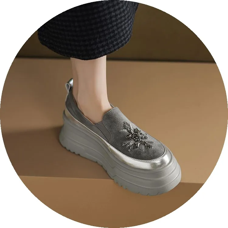 Spring Beaded Platform Loafers Women's Genuine Leather Shoes, British Style, High Heels, Slip-on Shoes