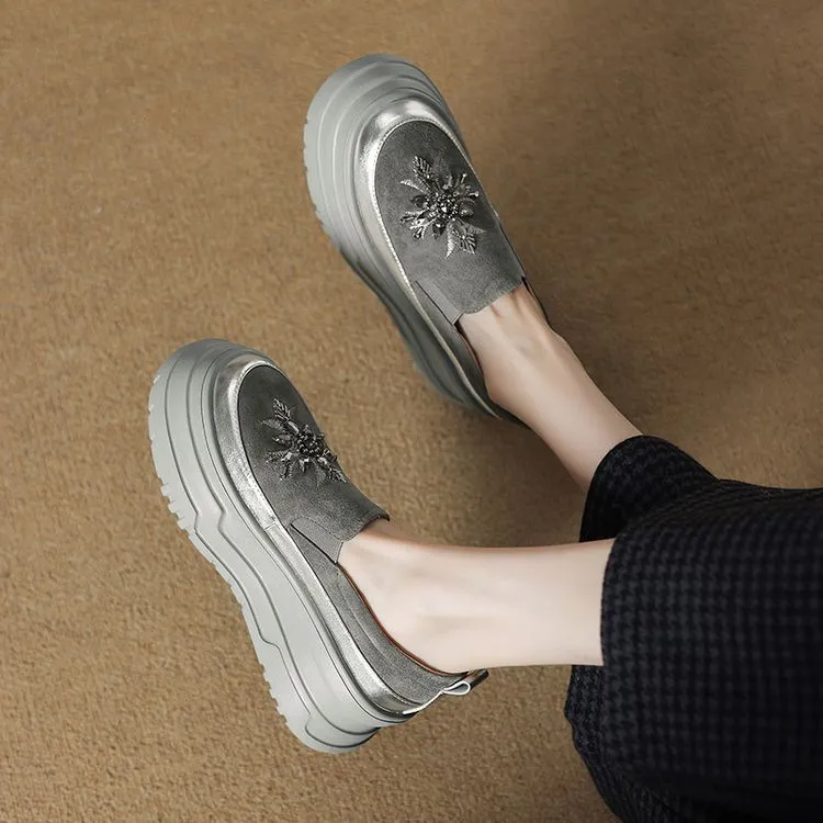 Spring Beaded Platform Loafers Women's Genuine Leather Shoes, British Style, High Heels, Slip-on Shoes