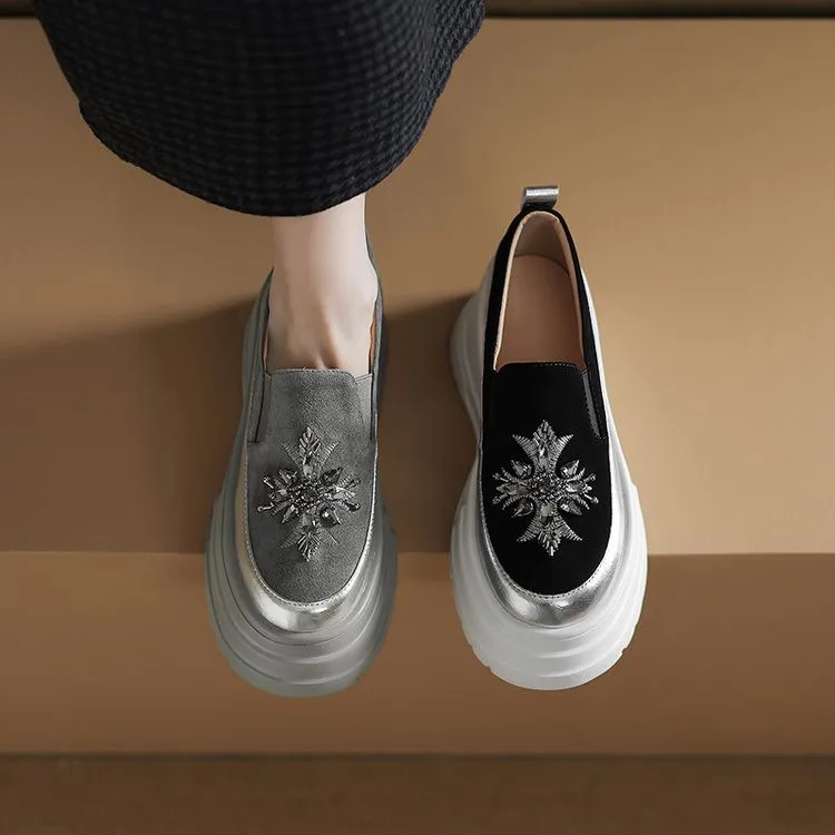 Spring Beaded Platform Loafers Women's Genuine Leather Shoes, British Style, High Heels, Slip-on Shoes
