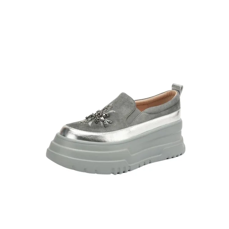 Spring Beaded Platform Loafers Women's Genuine Leather Shoes, British Style, High Heels, Slip-on Shoes
