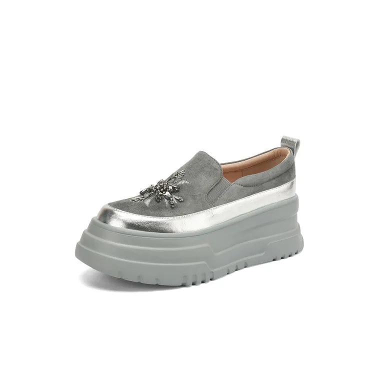 Spring Beaded Platform Loafers Women's Genuine Leather Shoes, British Style, High Heels, Slip-on Shoes