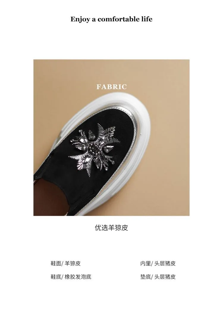 Spring Beaded Platform Loafers Women's Genuine Leather Shoes, British Style, High Heels, Slip-on Shoes