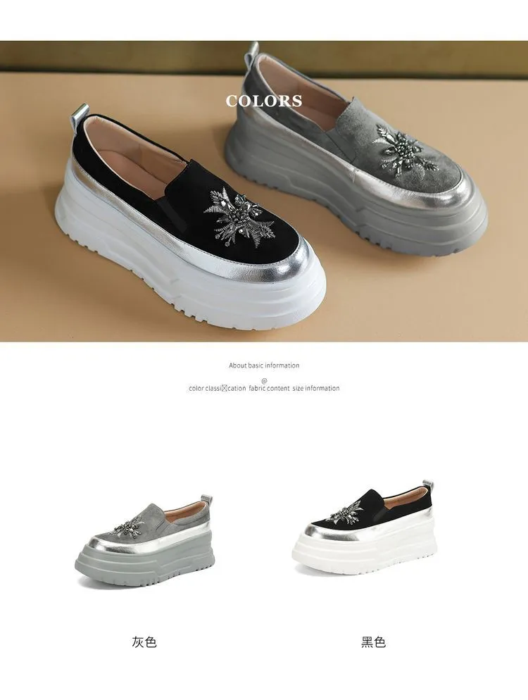 Spring Beaded Platform Loafers Women's Genuine Leather Shoes, British Style, High Heels, Slip-on Shoes