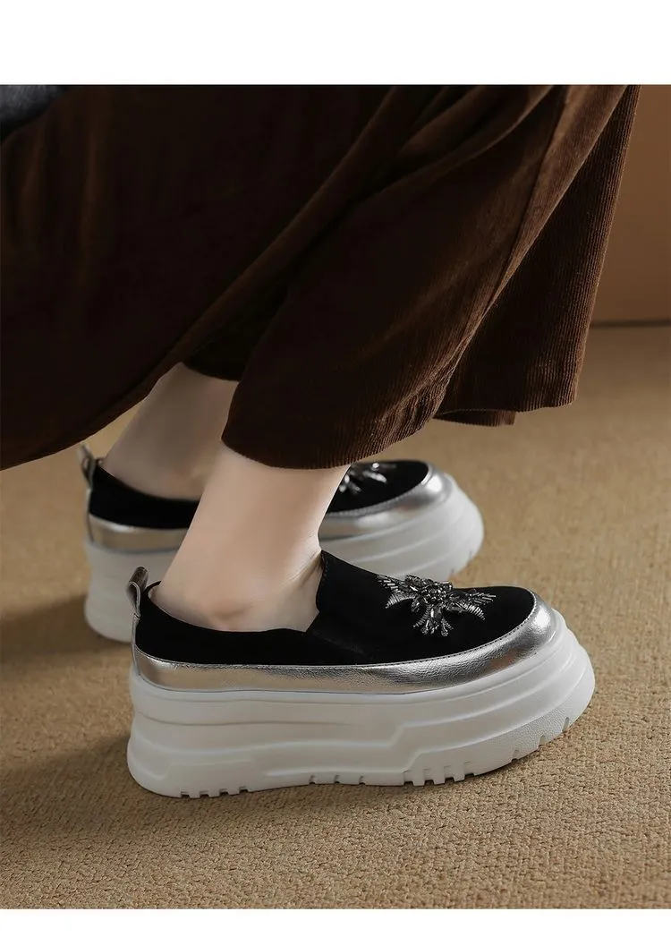 Spring Beaded Platform Loafers Women's Genuine Leather Shoes, British Style, High Heels, Slip-on Shoes